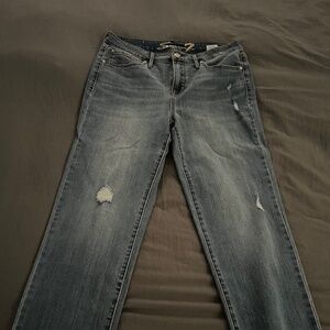 Seven Cropped Distressed Wide Fray Hem Jeans